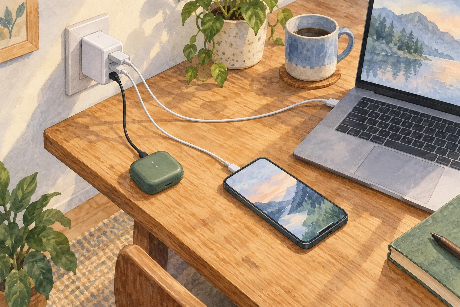 机のコンセントに小型の3ポートUSB充電器を差し、ノートパソコンとスマートフォンへケーブルを伸ばしたイラスト。実物写真ではありません。