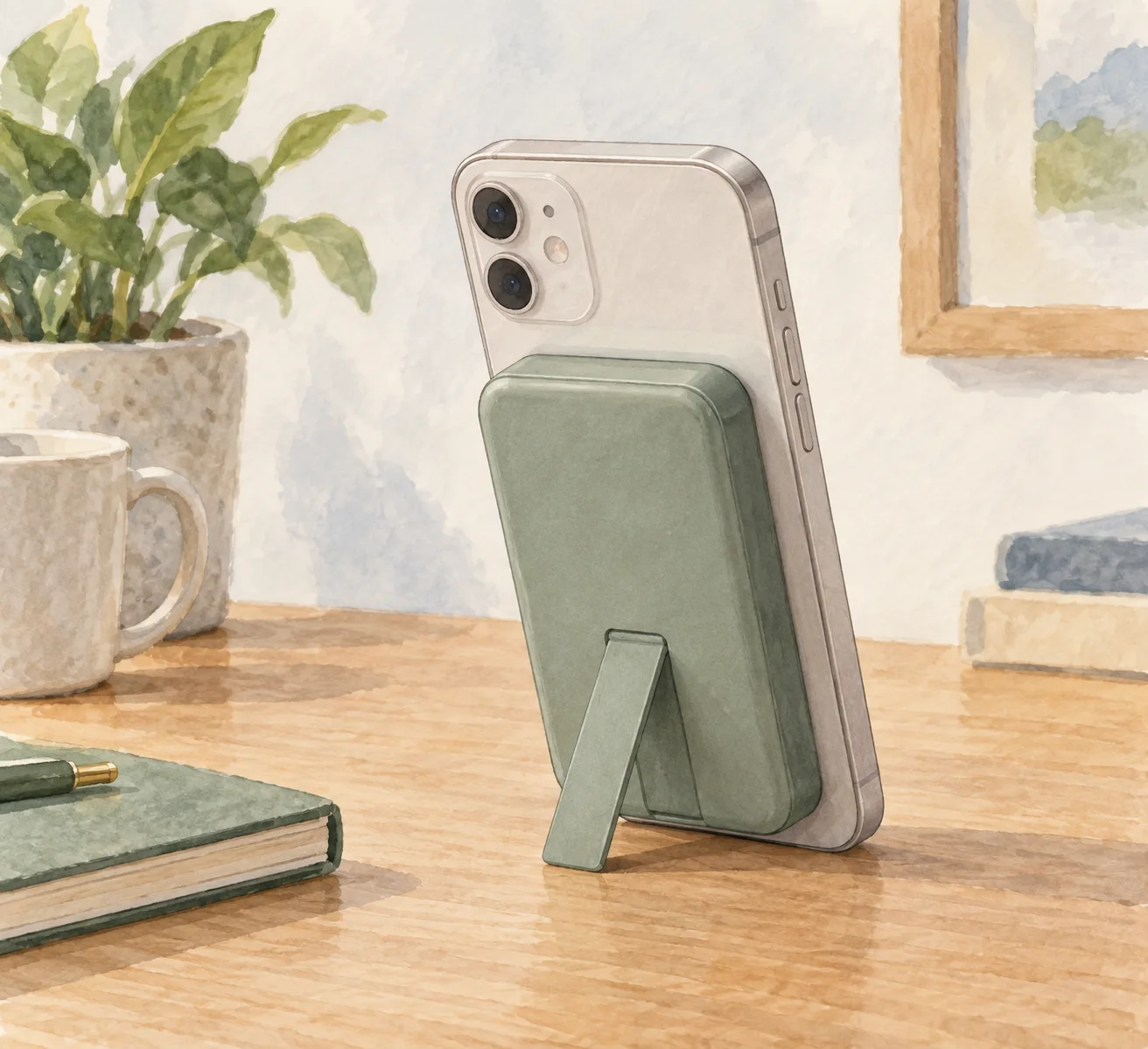 折りたたみスタンドを開いた小型の磁力式モバイルバッテリーに、無地のスマートフォンを立てかけたAIイラスト。実物写真ではありません。