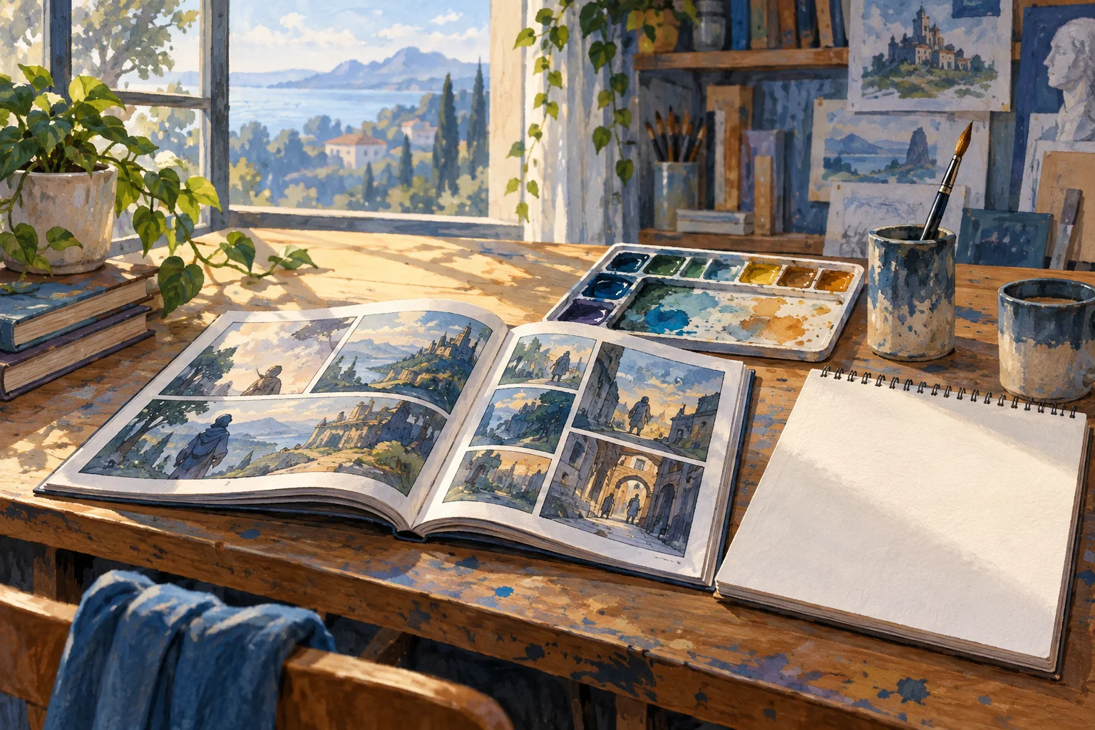 水辺の見える制作机に開いた漫画、絵の具のパレット、筆と白いスケッチ帳を描いたAIイラスト。実物写真ではありません。