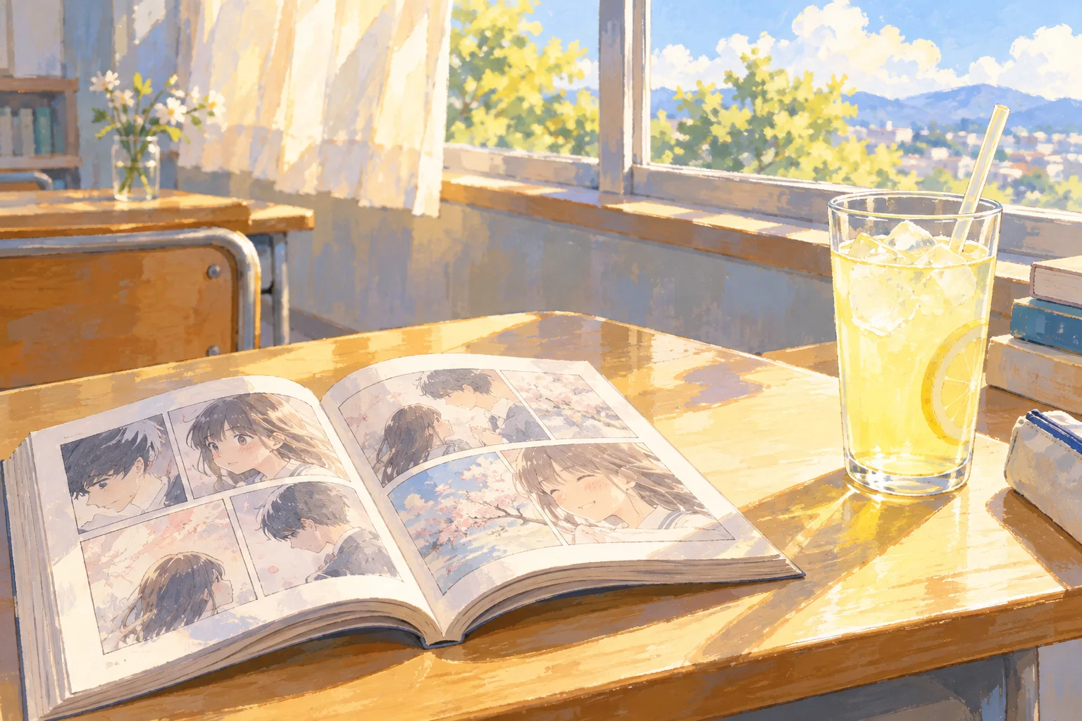 明るい窓辺の机に開いた人物入りの漫画と、レモンの輪切りが入った飲み物を描いたAIイラスト。実物写真ではありません。