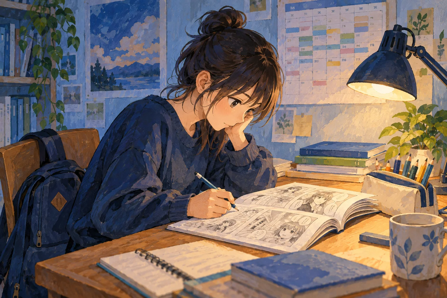 机で人物入りの漫画を開く女性と、卓上ライト、筆記具、壁の予定表を描いたAIイラスト。実物写真ではありません。
