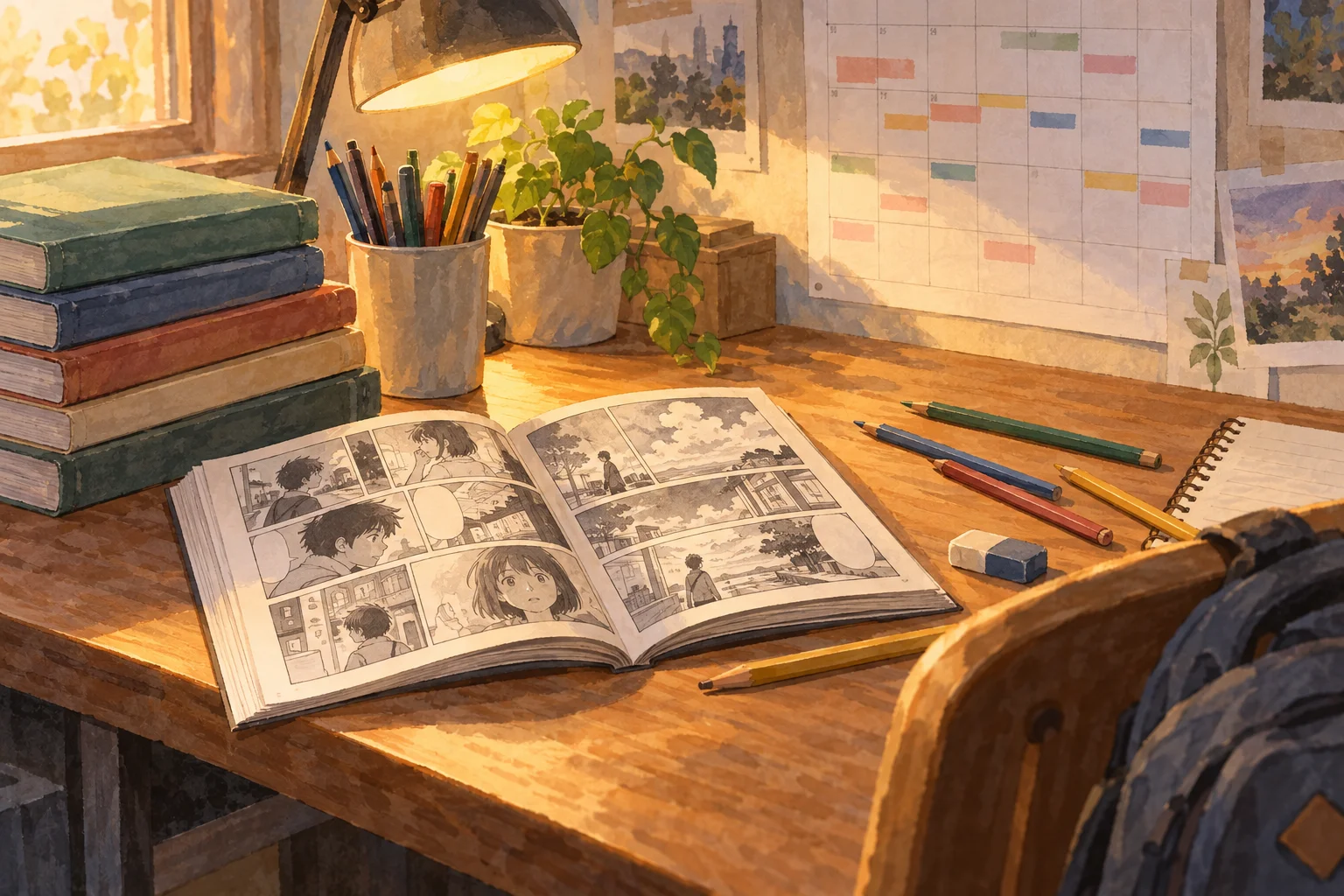 開いた人物入りの漫画、積んだ本と色鉛筆、壁の予定表がある机を描いたAIイラスト。実物写真ではありません。