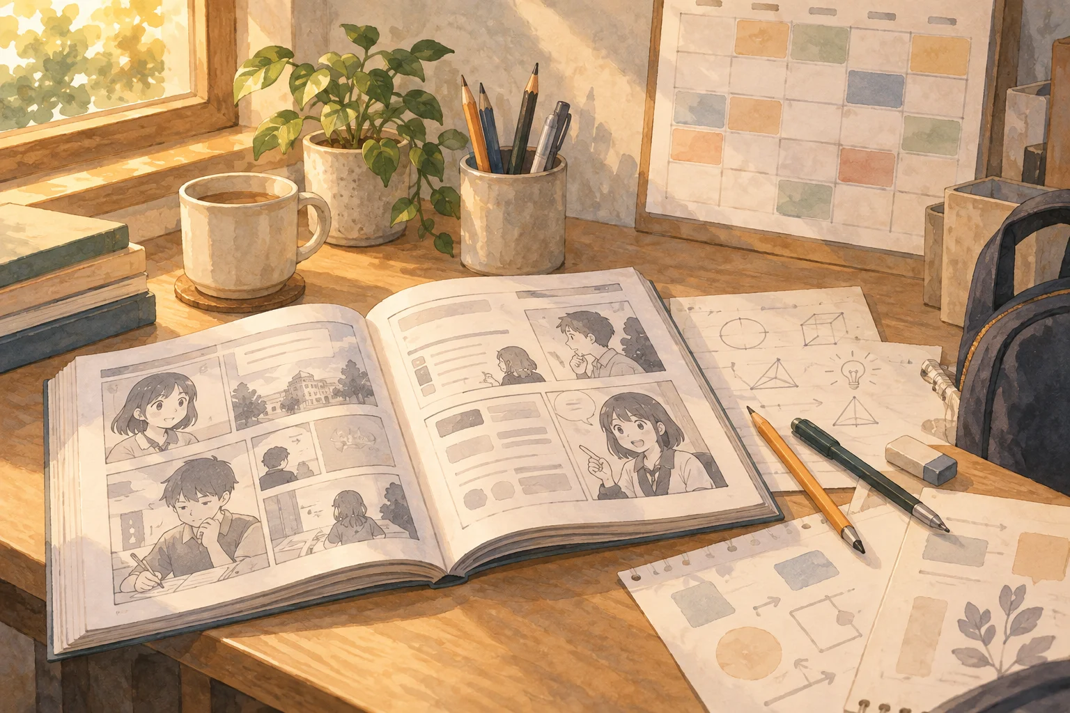 人物入りの漫画と鉛筆や図のある紙、マグカップ、壁の予定表を机に配したAIイラスト。実物写真ではありません。