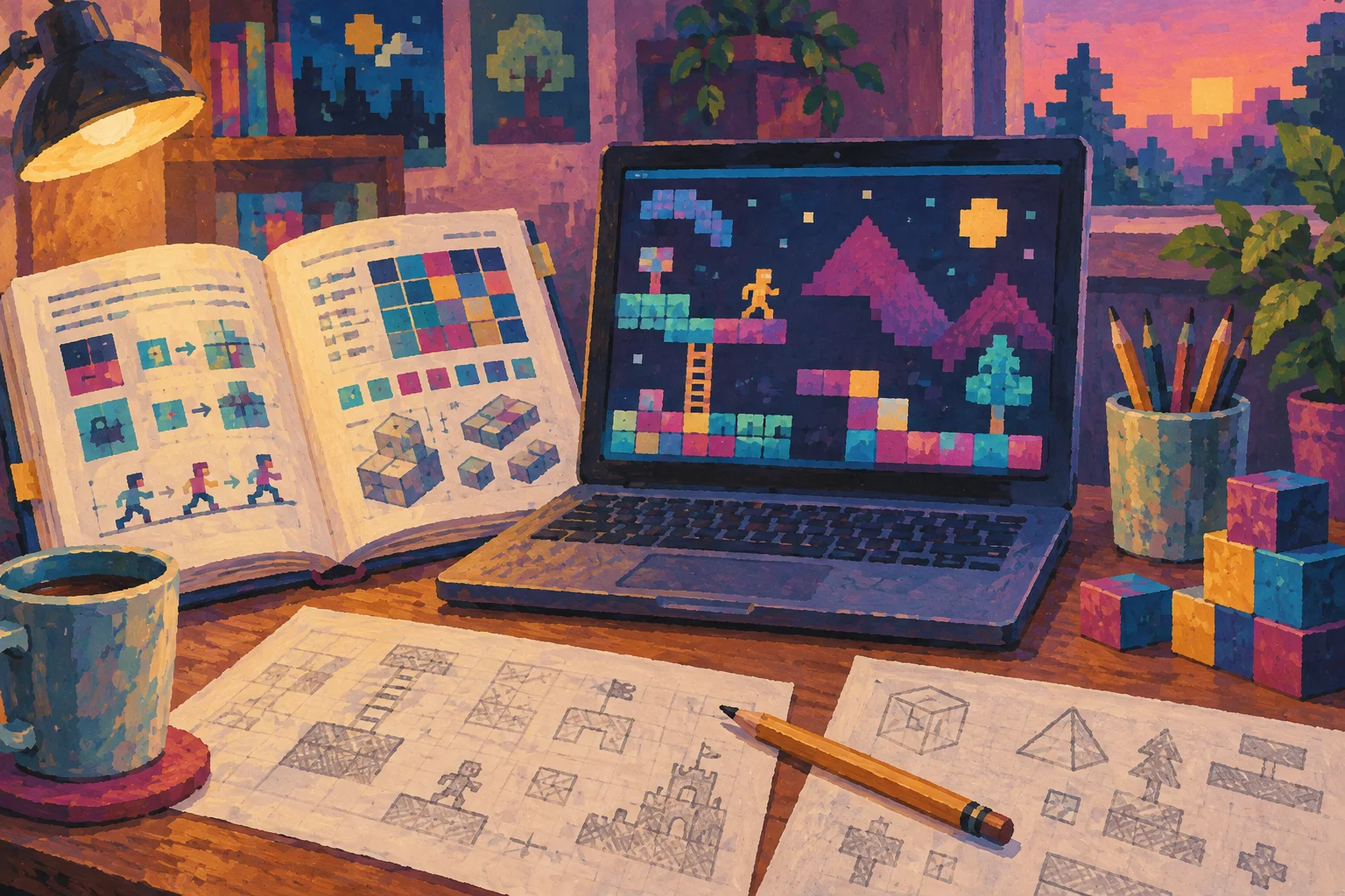 ドット絵風の図がある本と方眼紙、ゲーム風の図形を映すノートパソコンを描いたAIイラスト。実物写真ではありません。