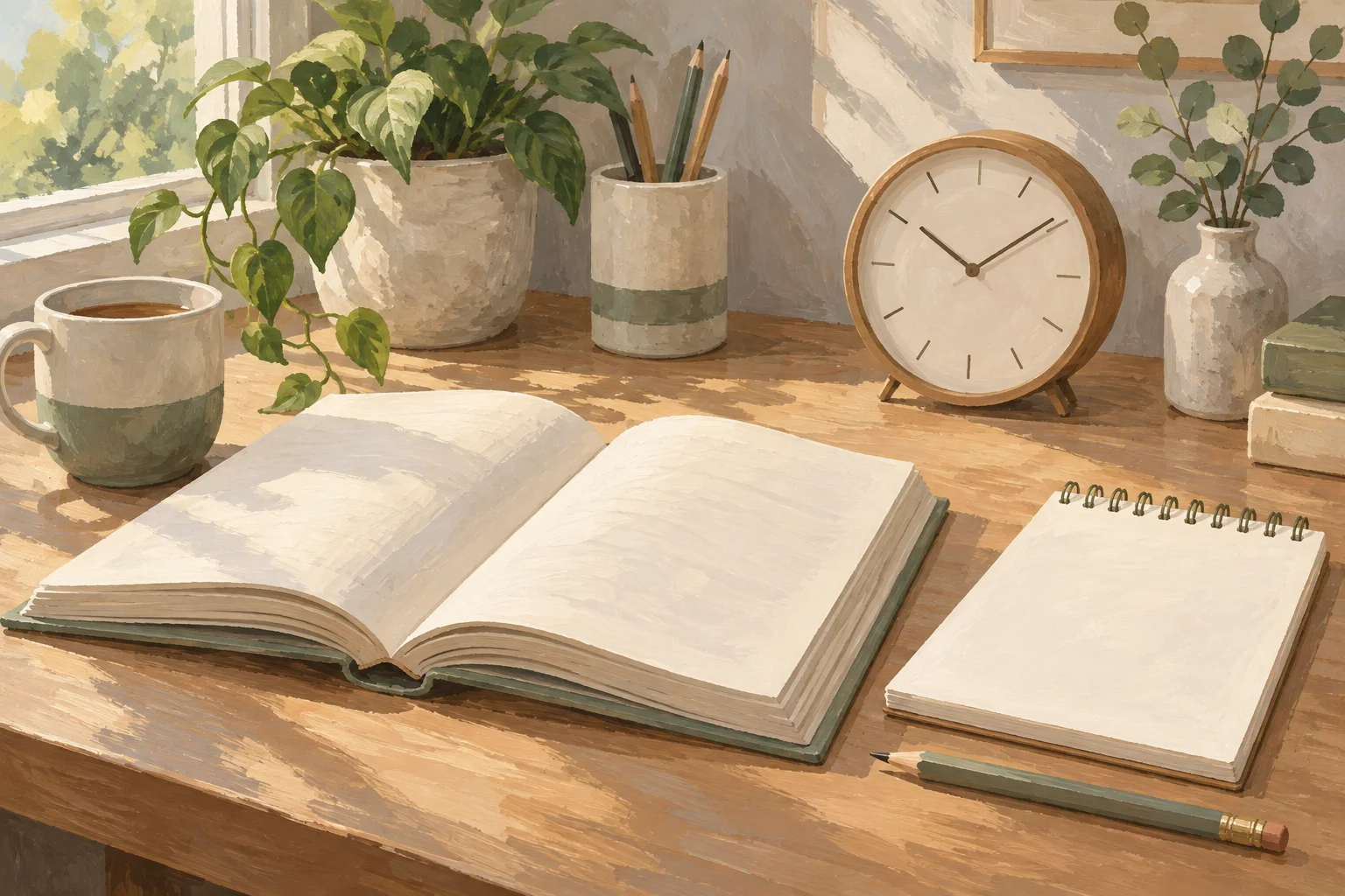 木の机に開いた白い本と白紙の手帳、鉛筆、丸い置き時計を描いたAIイラスト。実物写真ではありません。
