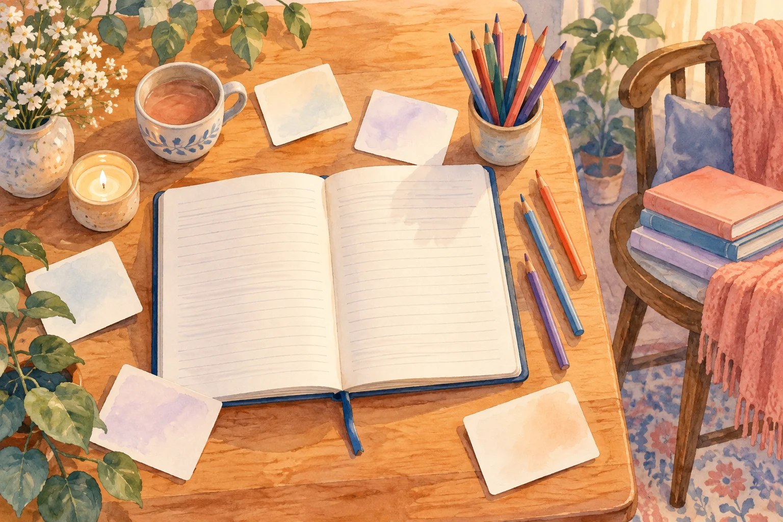 木の机に開いた罫線ノートと色鉛筆、白いカード、花とカップを描いたAIイラスト。実物写真ではありません。