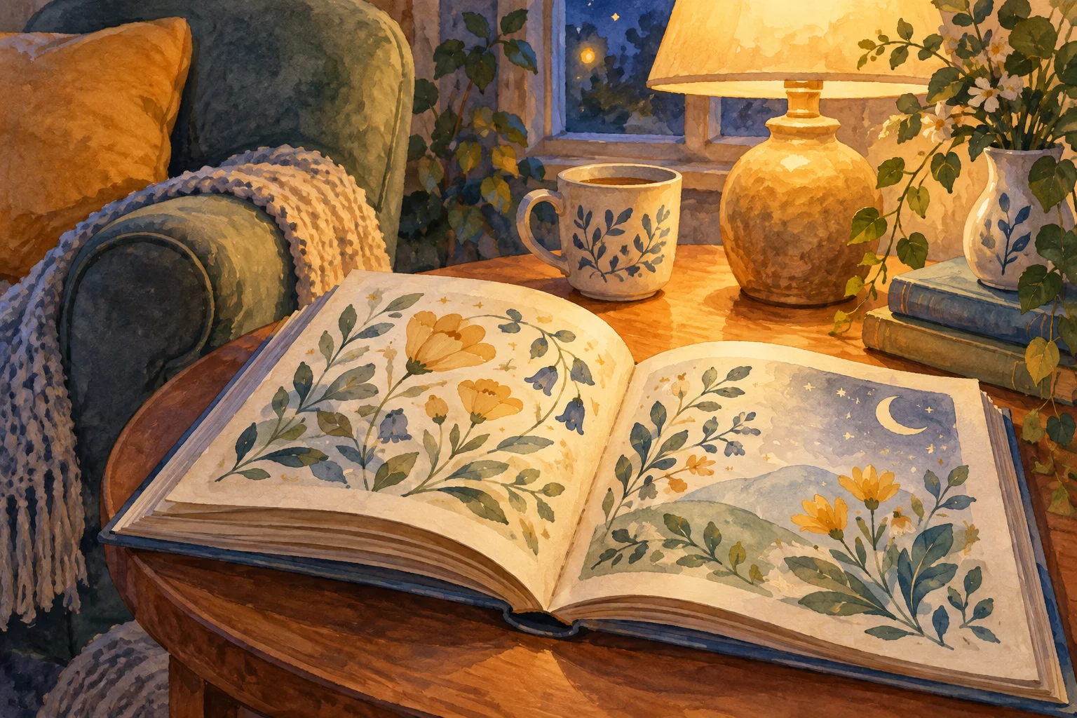 夜の窓辺で、花と月の絵がある絵本を卓に開き、椅子と明かりを配したAIイラスト。実物写真ではありません。