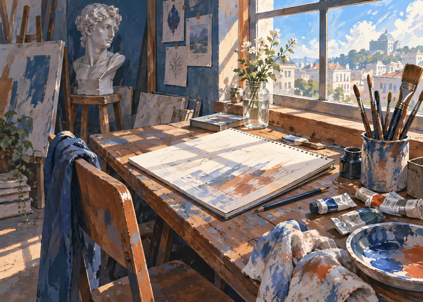 窓辺の制作机にスケッチブック、絵筆と絵の具を配したAIイラスト。実物写真ではありません。