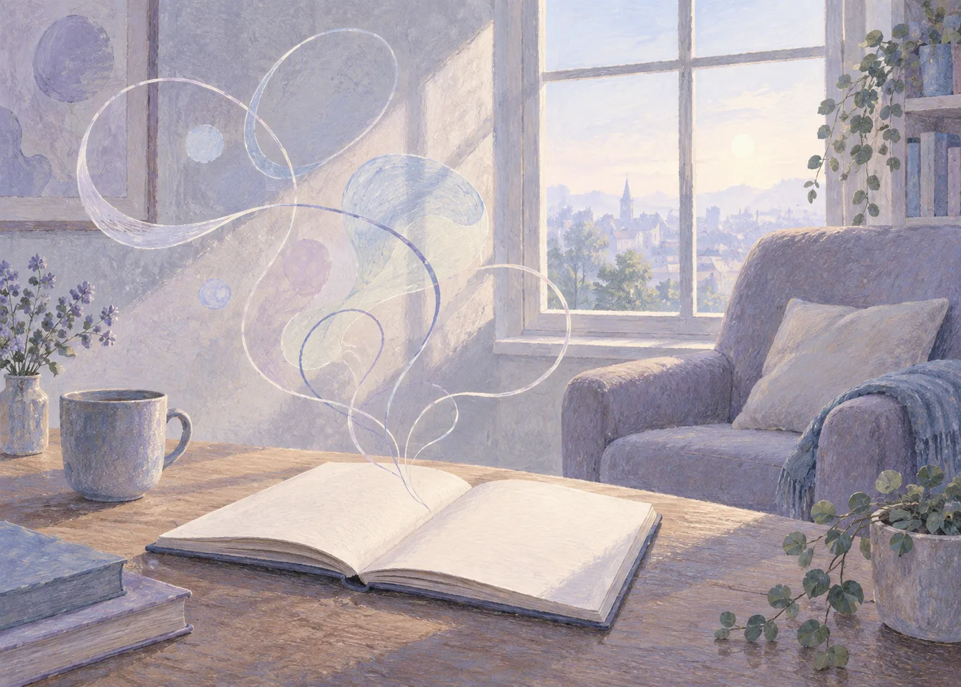 静かな部屋で開いたノートと椅子を描くAIイラスト。実物写真ではありません。実物写真ではありません。