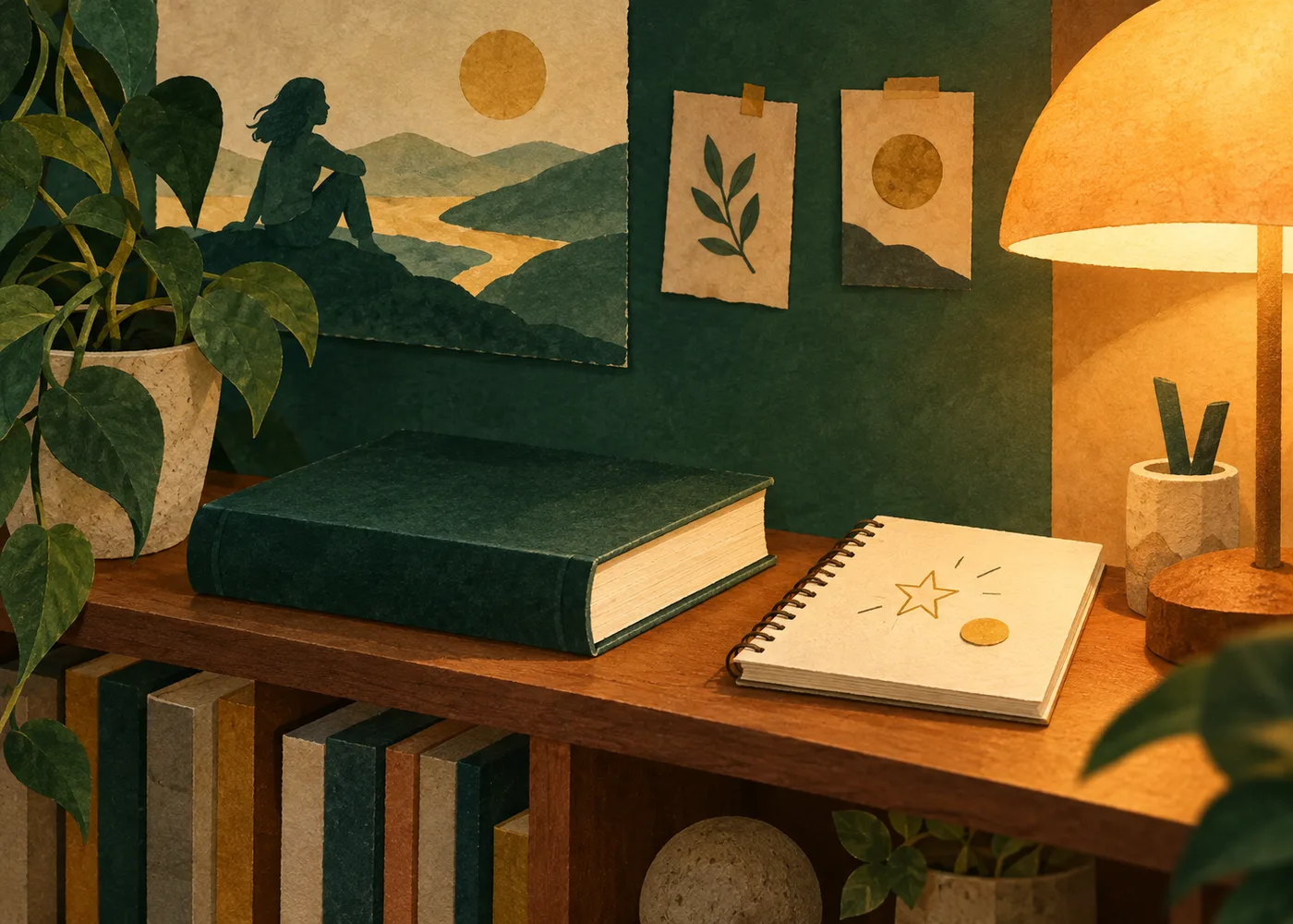 読書灯のそばに置いた無地の単行本を描くAIイラスト。実物写真ではありません。実物写真ではありません。