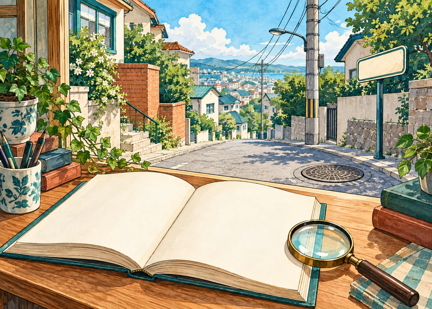 住宅街の道と虫眼鏡、無地の本を描くAIイラスト。実物写真ではありません。実物写真ではありません。