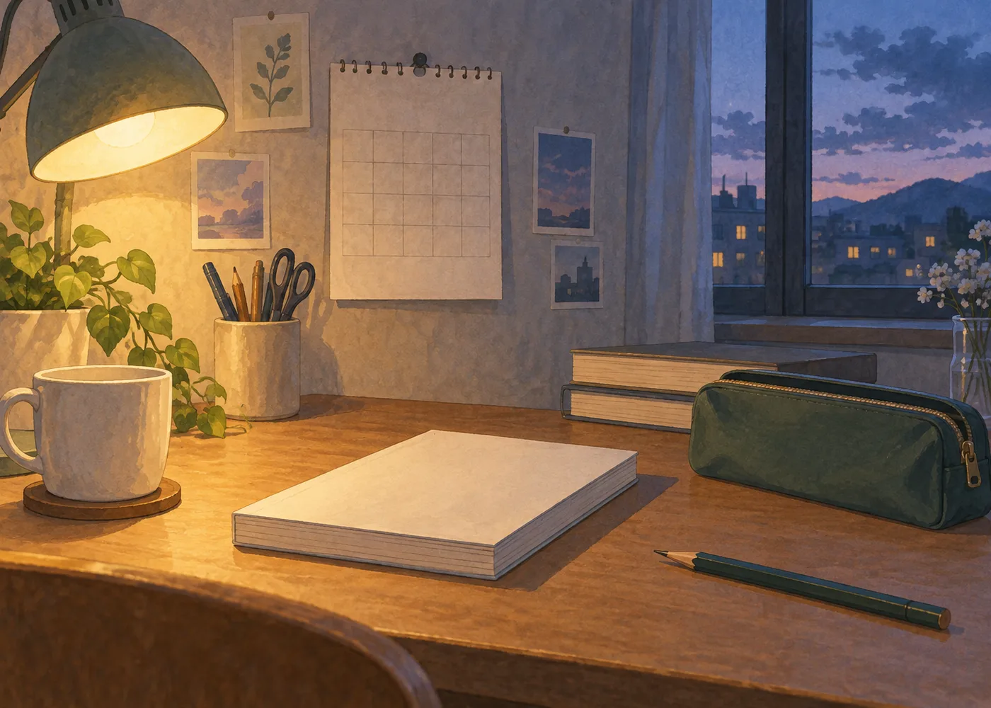 夜の机に無地の本、白紙のカレンダーと筆記具を描いたAIイラスト。実物写真ではありません。