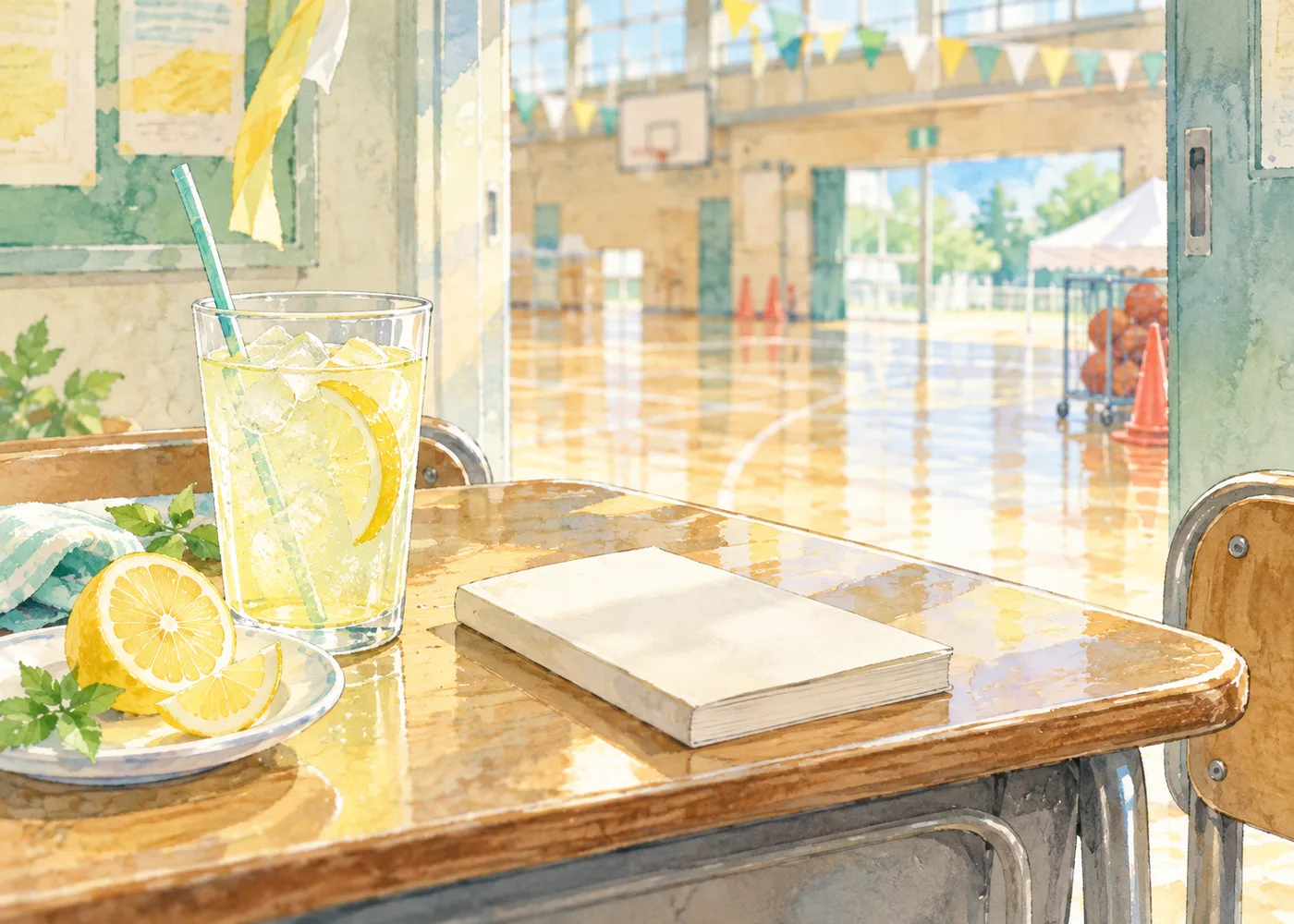 体育館を背景に、無地の本とレモン飲料、切ったレモンを描いたAIイラスト。実物写真ではありません。