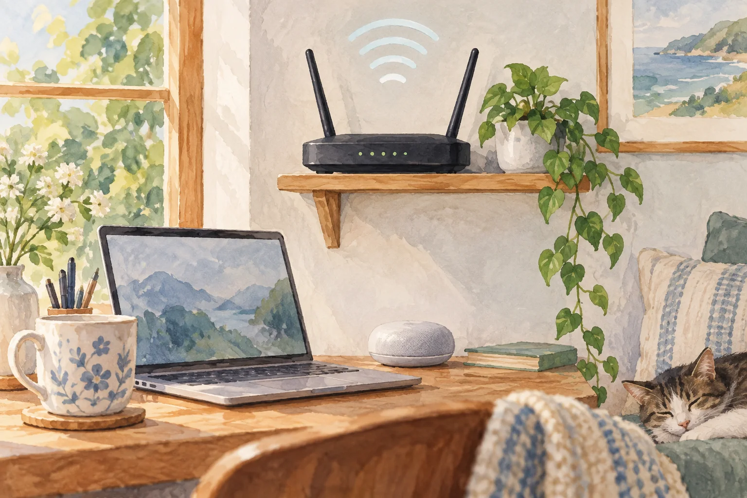 棚の上の黒いWi-Fiルーターから、ノートパソコンと室内機器へ淡い電波の線が伸びるAIイラスト（実物写真ではありません）。実物写真ではありません。
