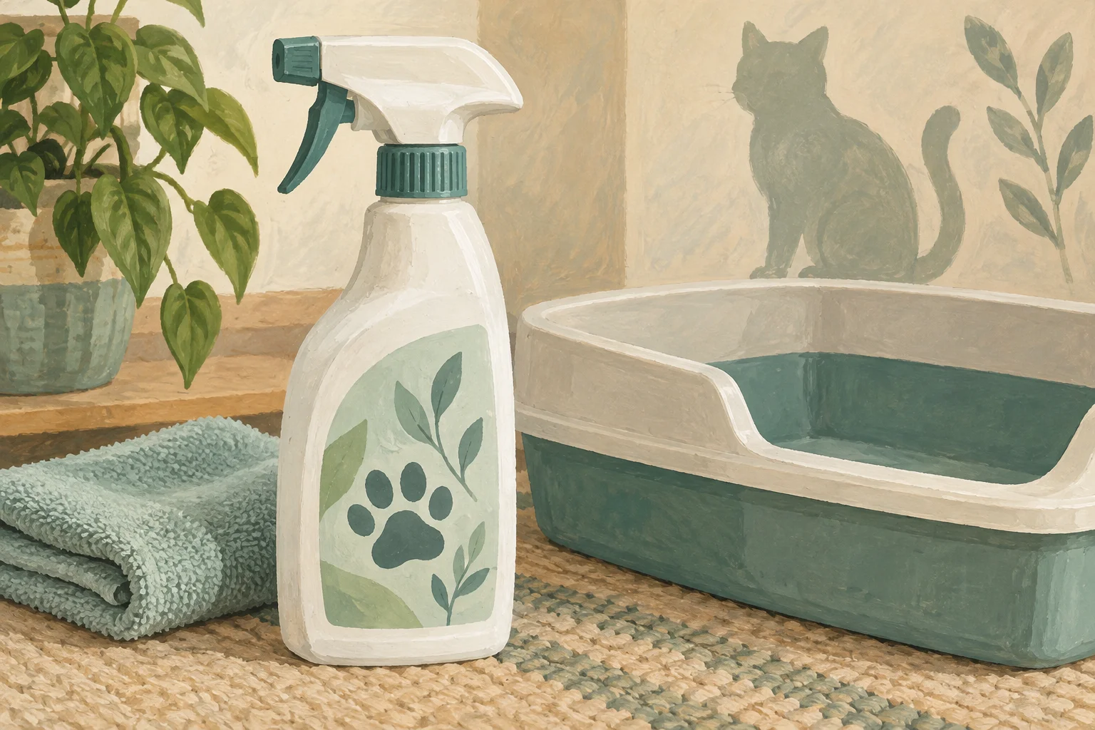 猫トイレのそばに消臭剤ボトルを置いたイラスト。実物写真ではありません。