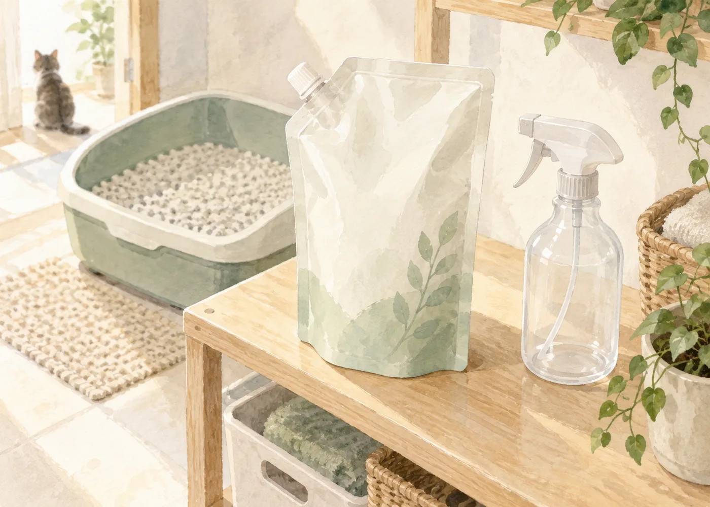 猫トイレ用品のそばに消臭剤の詰め替えパウチを置いたAIイラスト。実物写真ではありません。実物写真ではありません。