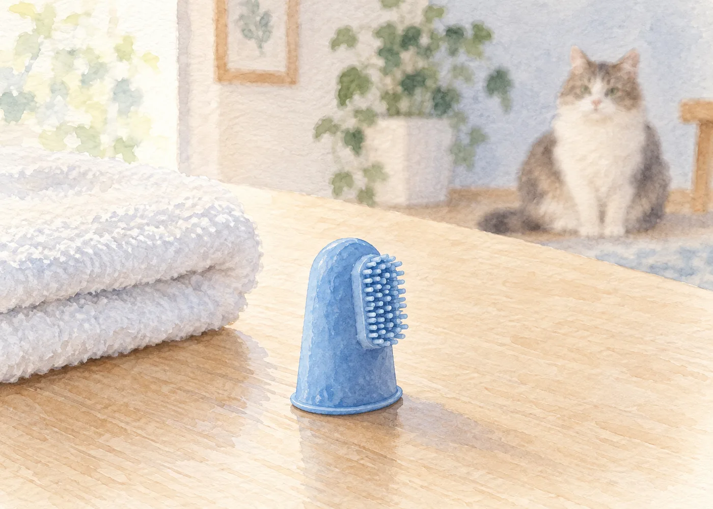 猫のそばに指サック型のペット用歯ブラシを描いたAIイラスト。実物写真ではありません。実物写真ではありません。