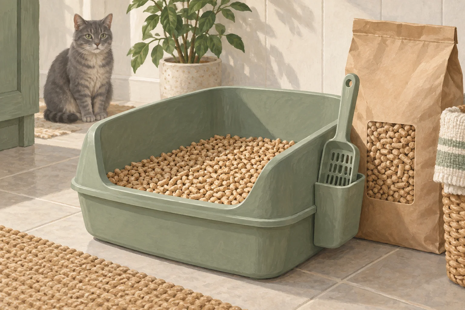 猫砂の入ったトイレと粒状の猫砂を描いたイラスト。実物写真ではありません。