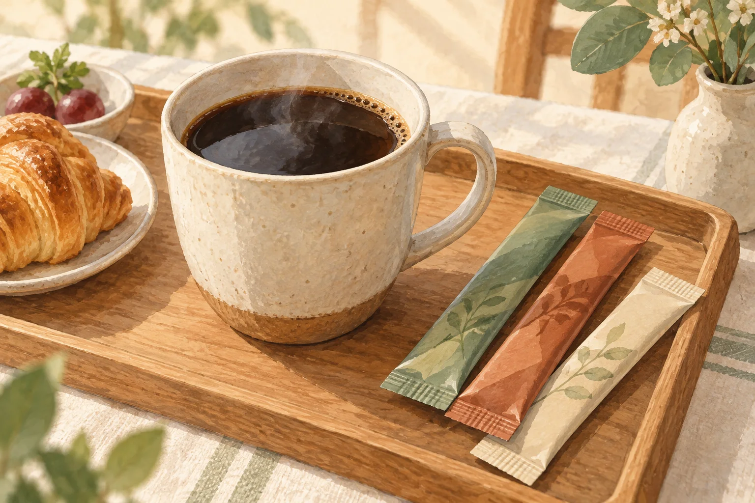 スティックタイプのインスタントコーヒーとカップを描いたイラスト（実物写真ではありません）