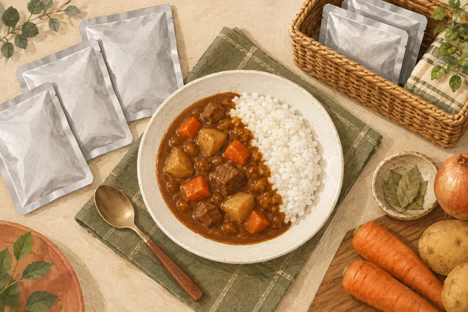カレーライスとレトルトパウチを並べたイラスト。実物写真ではありません。