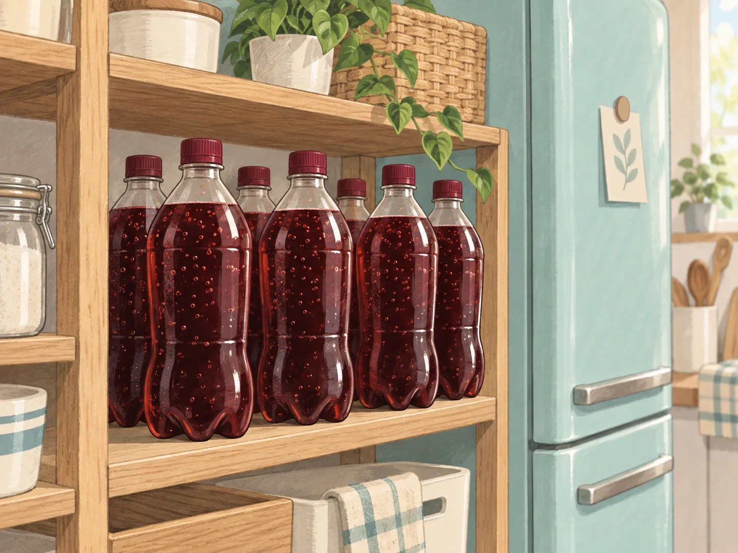冷蔵庫のそばに無地の炭酸飲料ボトルを数本置いたAIイラスト。実物写真ではありません。
