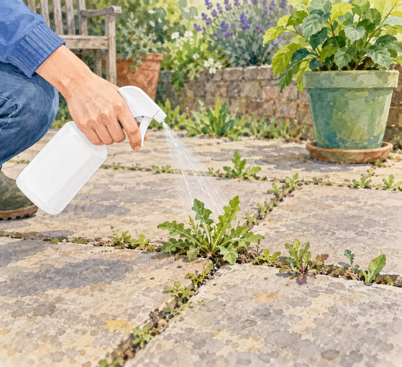 庭の舗装のすき間の雑草へ白いシャワーボトルを向け、少し離れた場所に植木鉢を置いたAIイラスト(実物写真ではありません)。実物写真ではありません。