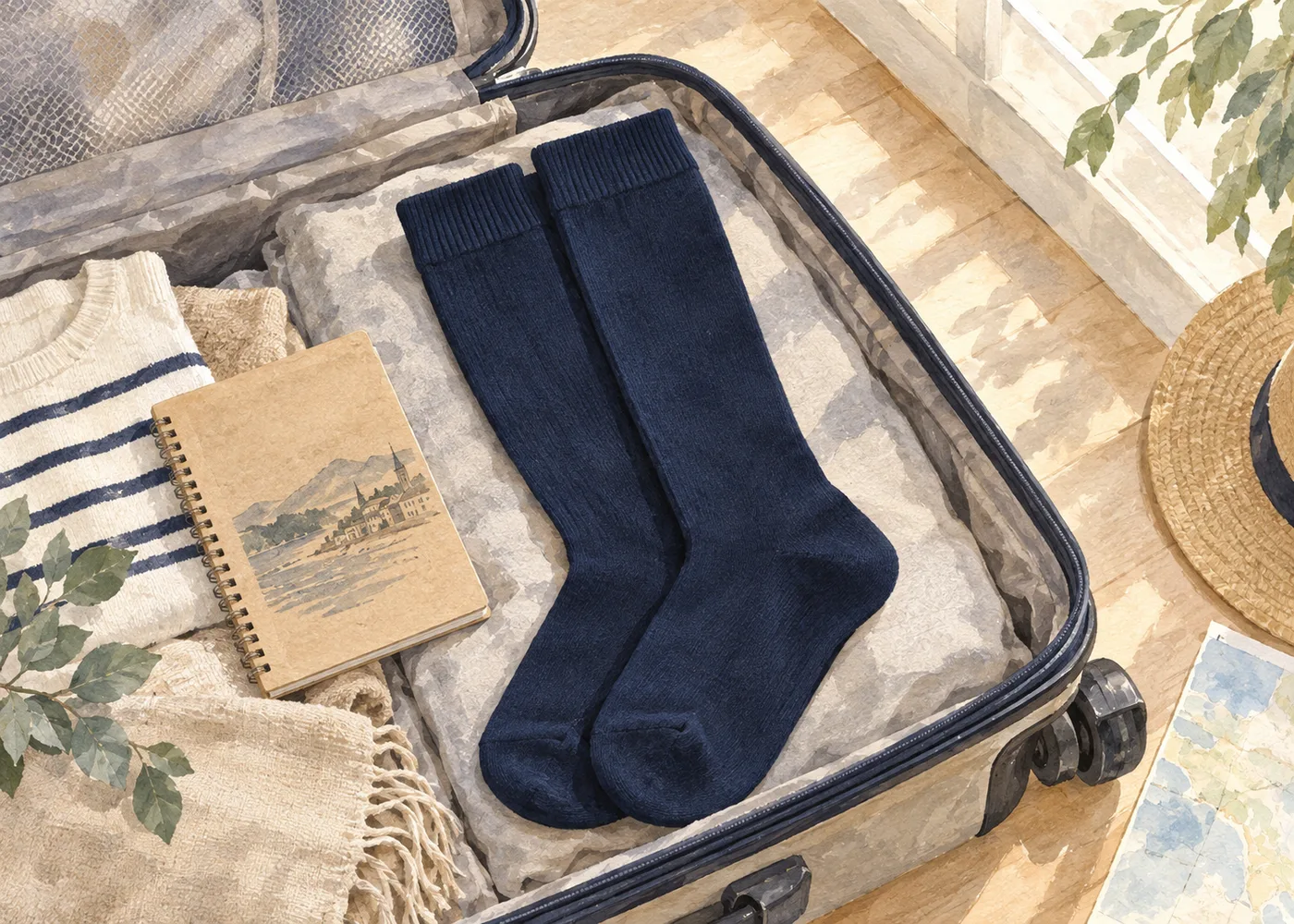 開いた旅行かばんの中に紺色のひざ下丈の靴下を置いたAIイラスト。実物写真ではありません。実物写真ではありません。