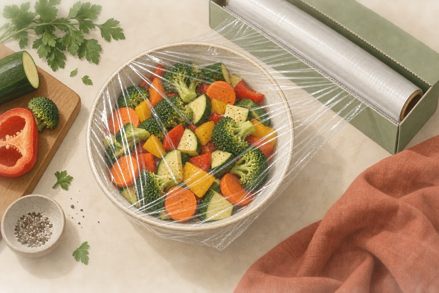 食品用ラップと器を描いたキッチンのイラスト。実物写真ではありません。