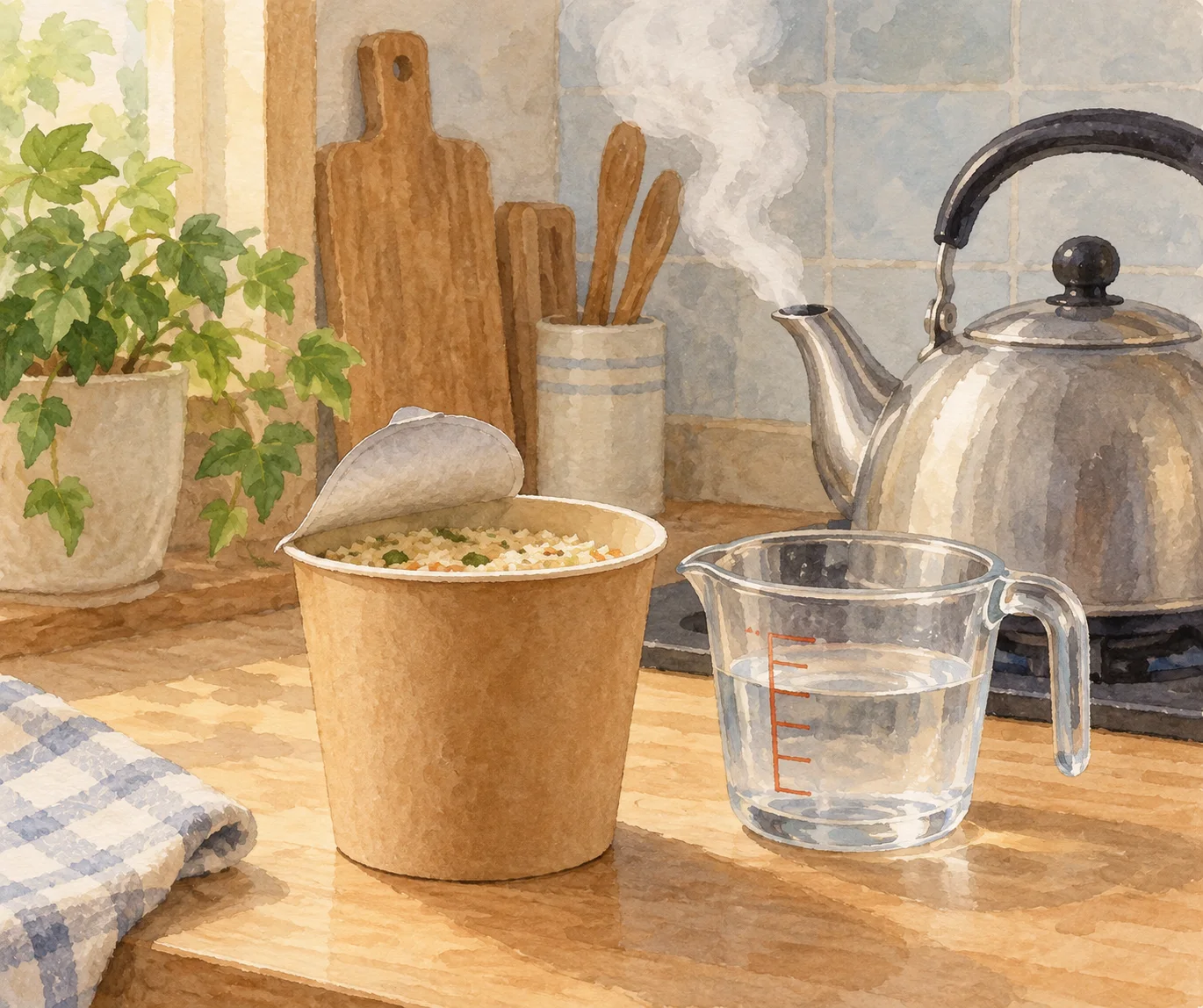 湯気の立つポットのそばに、文字のない茶色いカップライス容器を一つ置いたAIイラスト。実物写真ではありません。