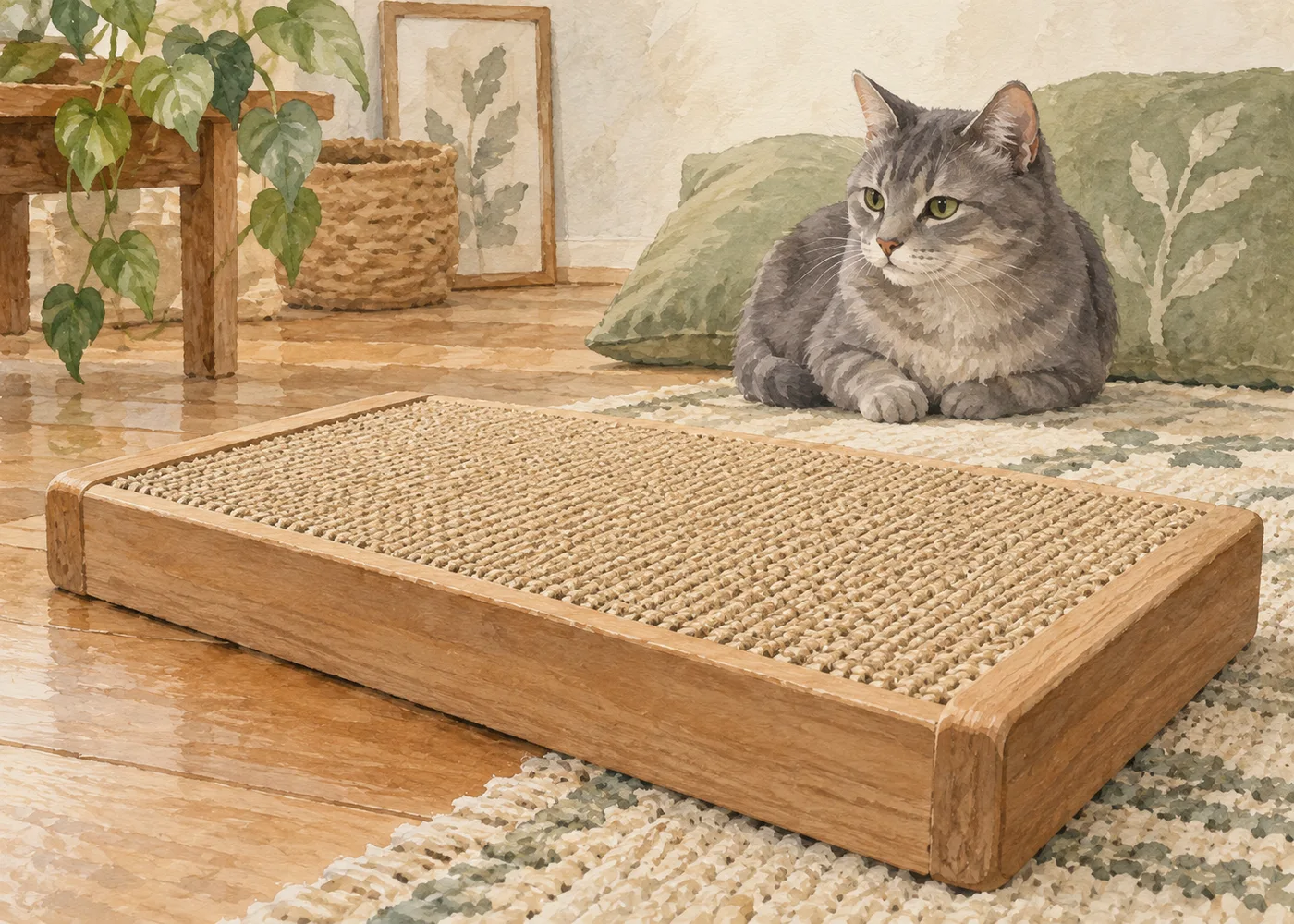 室内に麻布の猫用つめみがきを置いたAIイラスト。実物写真ではありません。実物写真ではありません。