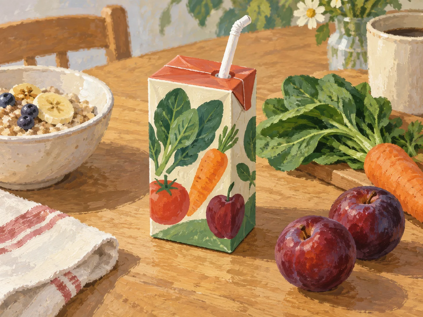 文字のない小さな野菜飲料の紙パックと、葉物野菜、にんじん、プルーンを描いたAIイラスト。実物写真ではありません。