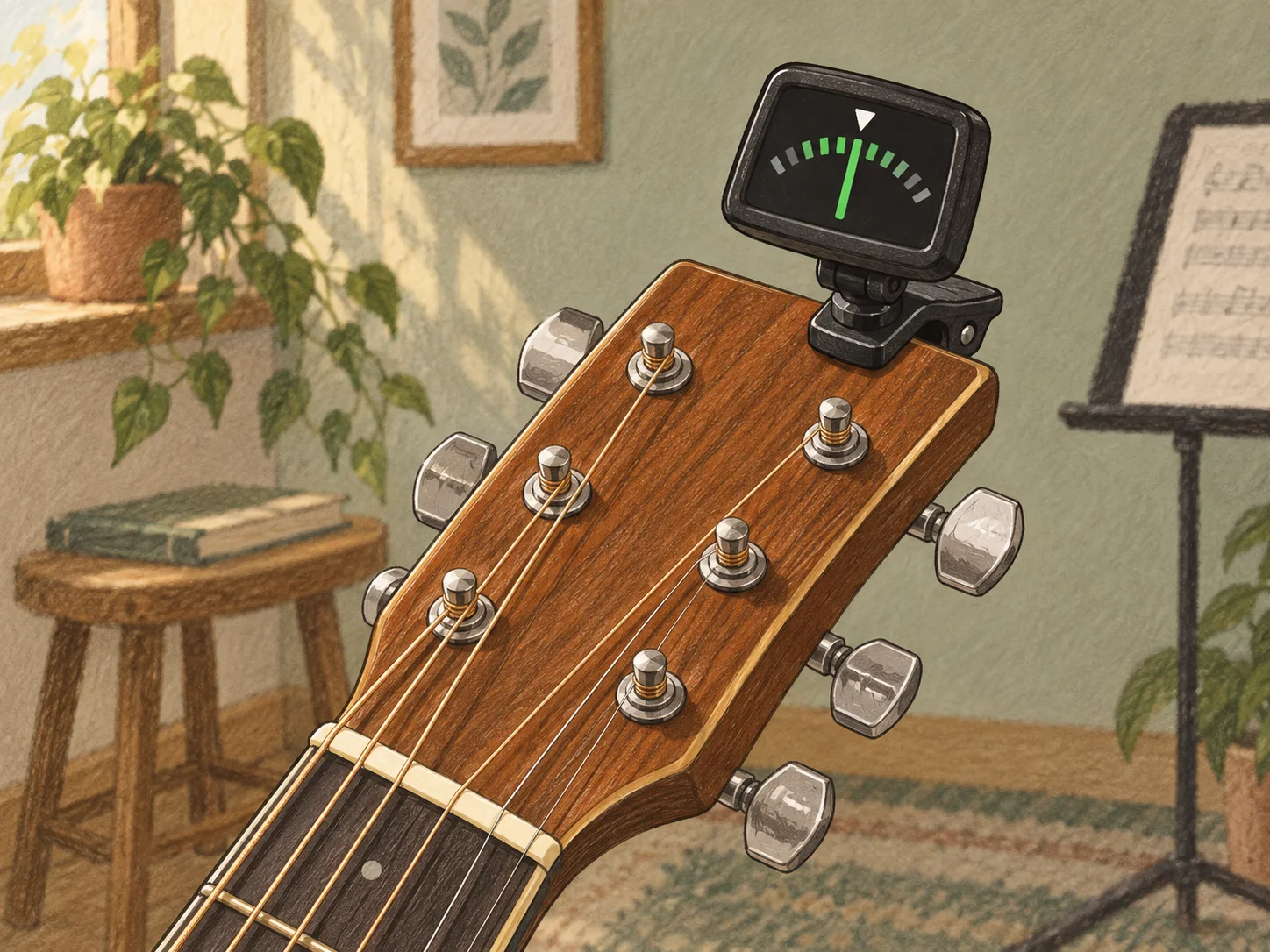 弦楽器のヘッドに小さなクリップ式チューナーを取り付けたAIイラスト。実物写真ではありません。