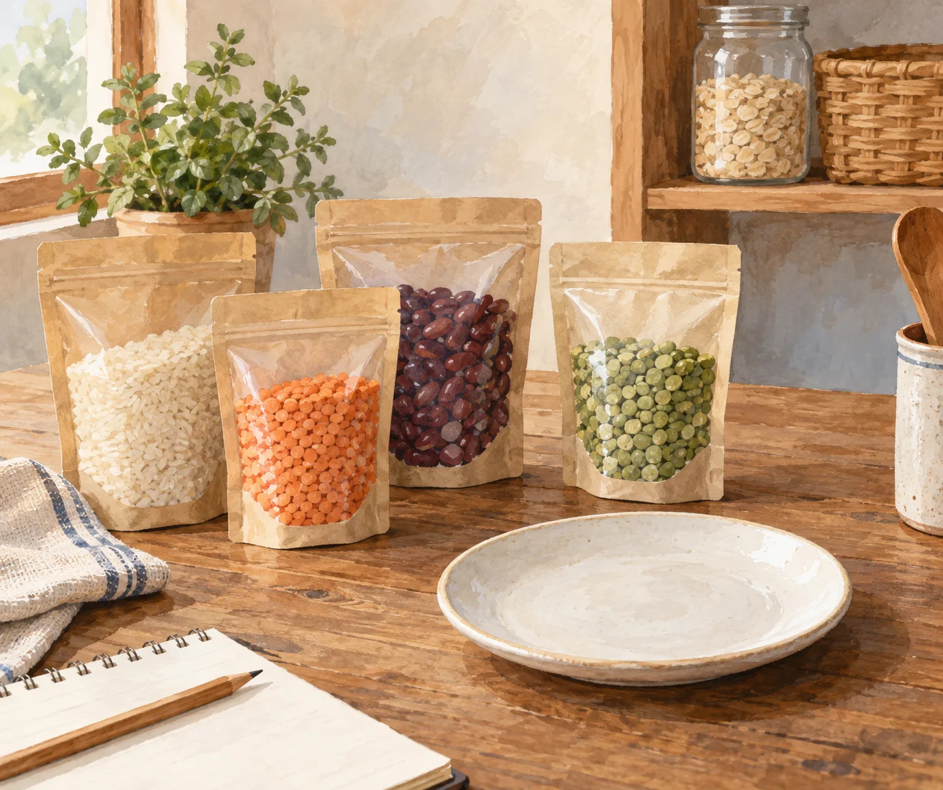 小皿のそばに、文字やロゴのない小さな常温食品パウチを数袋置いたAIイラスト。実物写真ではありません。