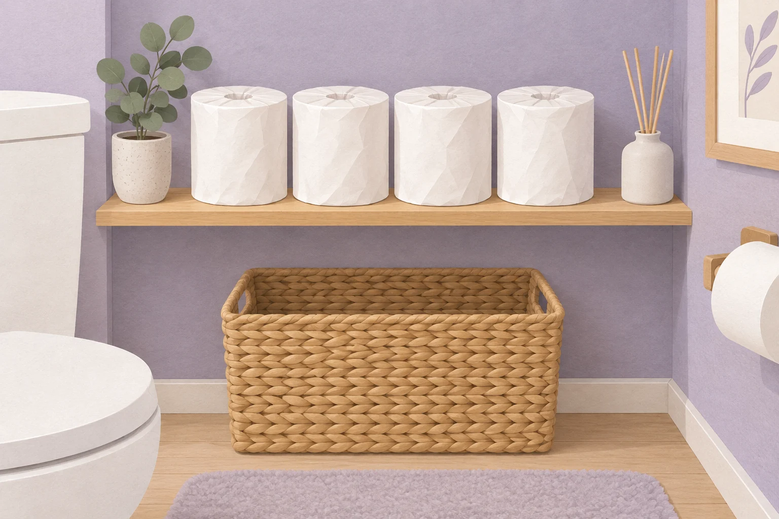 トイレの棚にトイレットペーパーを並べ、補充用の場所を整えた様子を描いたイラスト。実物写真ではありません。