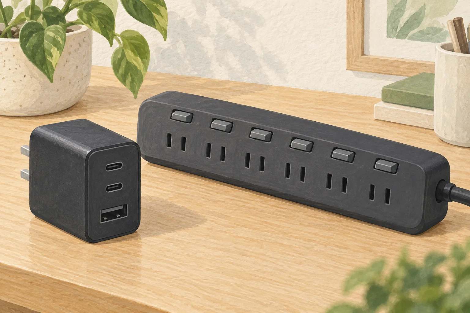 電源タップとUSB充電器を机に並べたイラスト。実物写真ではありません。
