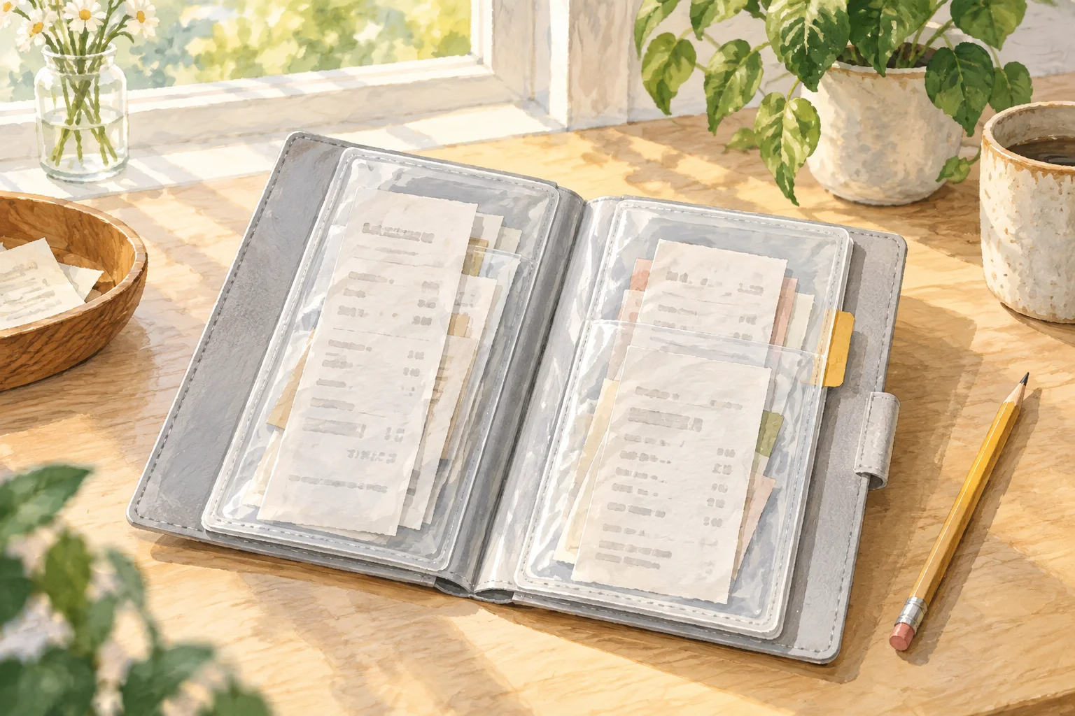 机の上で開いたライトグレーの縦長の領収書ファイル。透明ポケットにレシートが整理して入っているAIイラスト（実物写真ではありません）。実物写真ではありません。