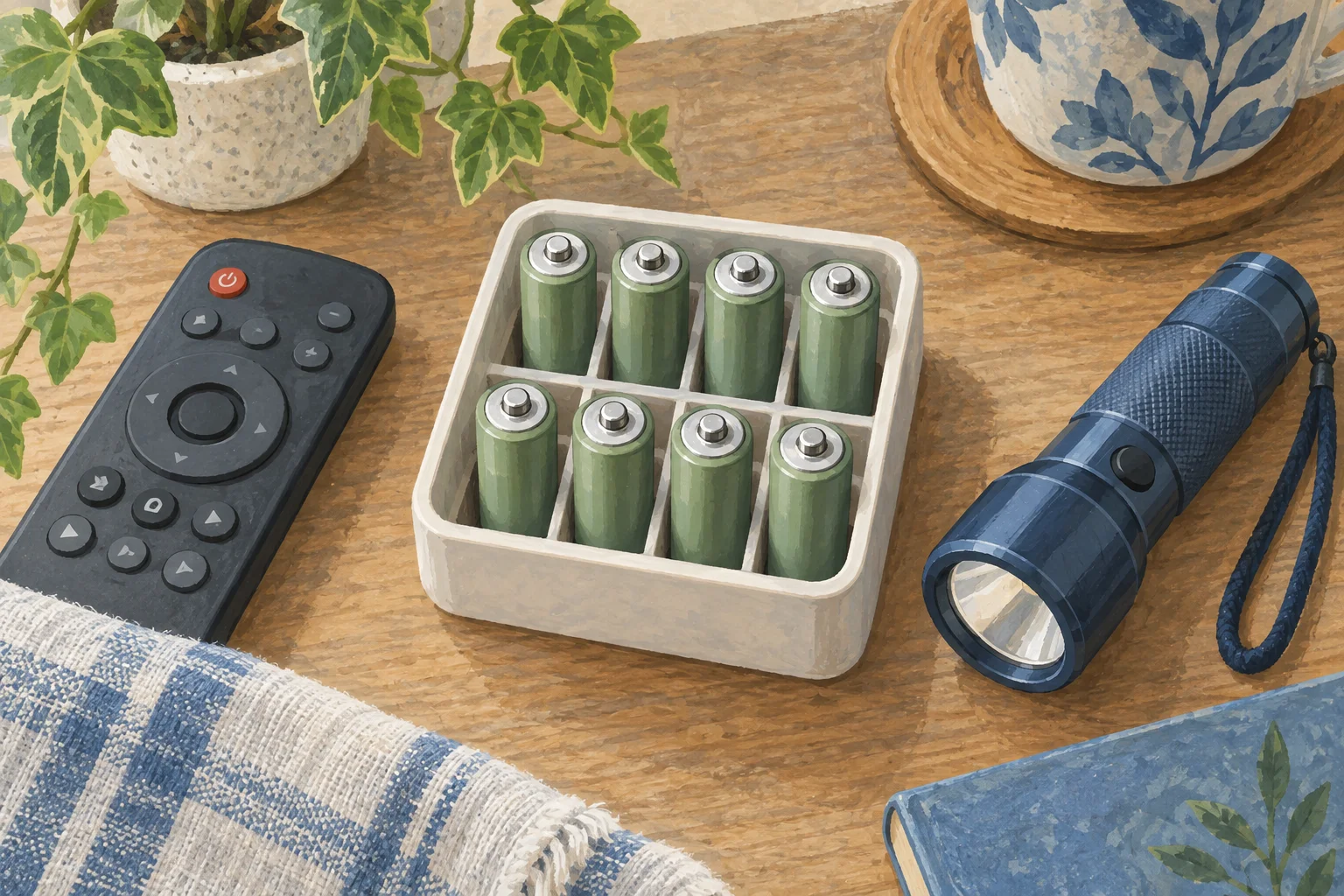単三形の充電池が数本、家電やリモコンのそばに置かれている生活雑貨のイラスト。実物写真ではありません。