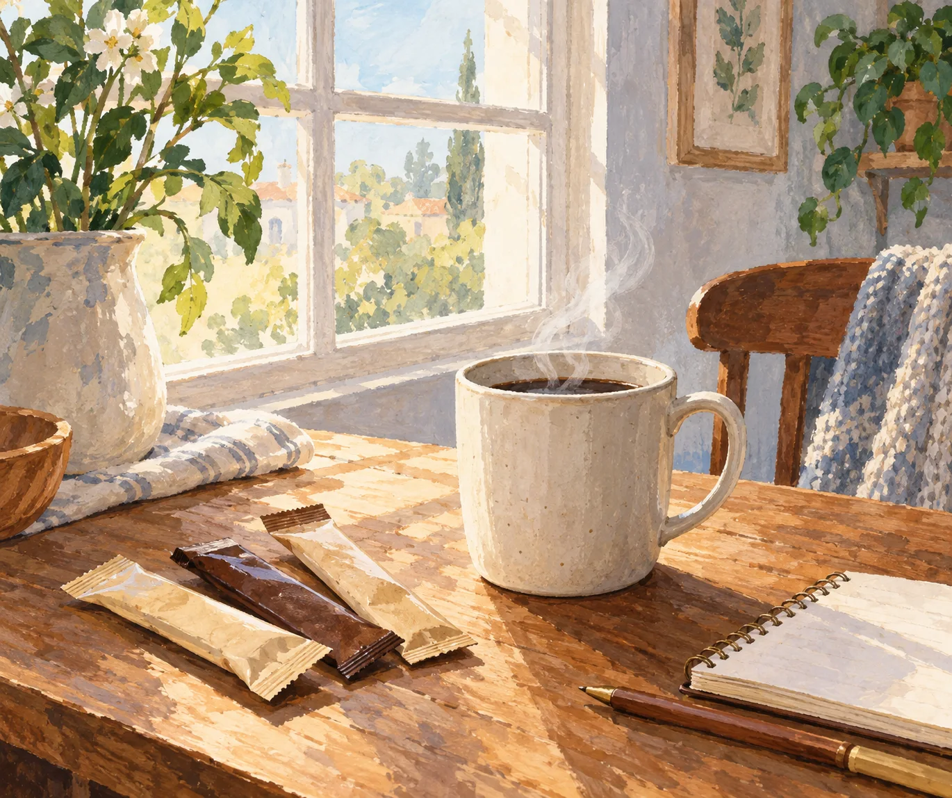 小さなマグカップのそばに個包装のコーヒースティックを数本置き、窓辺で湯気が立つ様子のイラスト。実物写真ではありません。