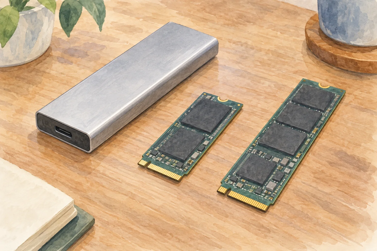小さなアルミ色のSSDケースの横に、長さの違うM.2 SSDを置いて規格を照合するAIイラスト。実物写真ではありません。