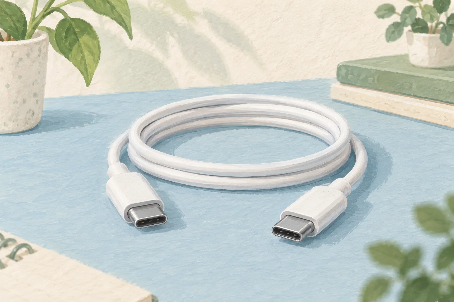 両端のUSB-C端子が見える白いケーブルのイラスト。実物写真ではありません。