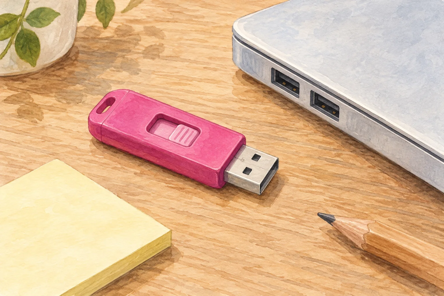 木の机に置かれた小さなマゼンタ色のUSBメモリと、ノートパソコンのUSB-Aポートの近くに置かれた付箋とペン。AIイラスト（実物の写真ではありません）。実物写真ではありません。