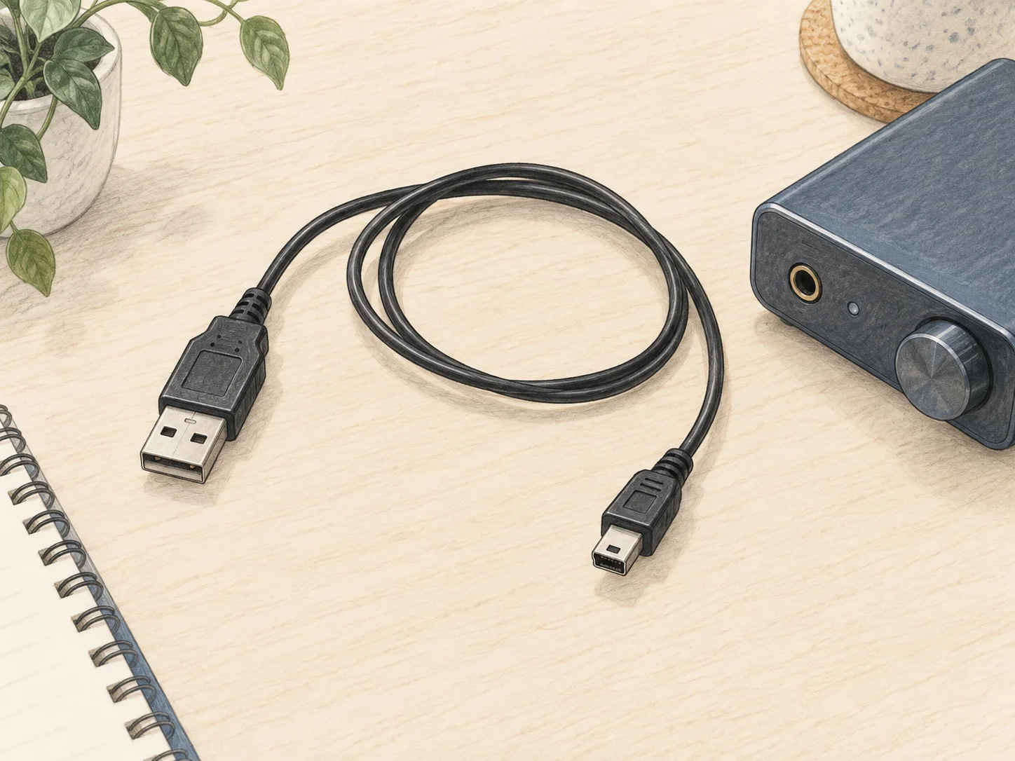 USB Type-A端子とmini-B端子を離して見せた黒いケーブルのAIイラスト。実物写真ではありません。