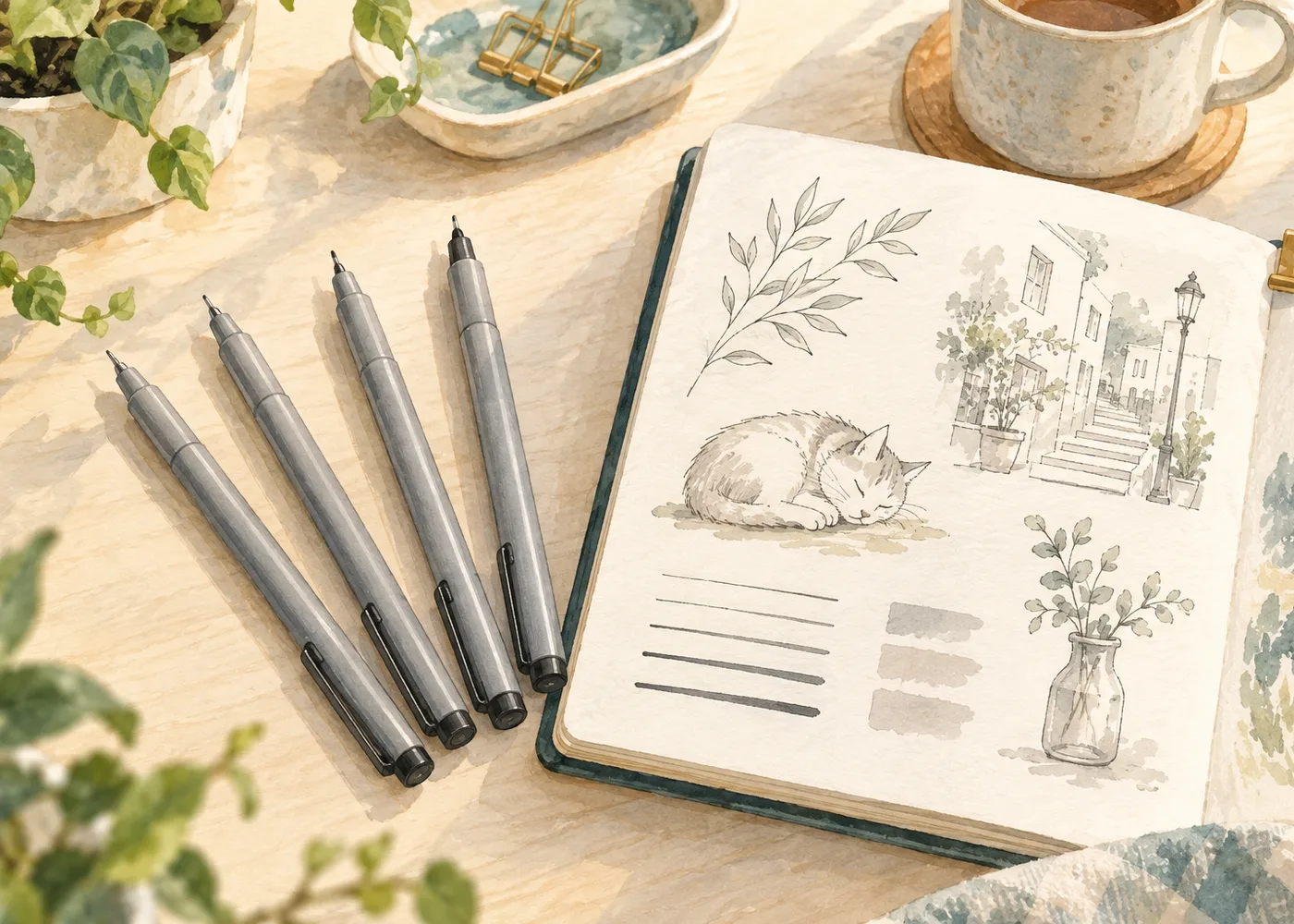 開いたスケッチブックと植物や猫の線画の横にグレーの細いペン4本を並べたAIイラスト。実物写真ではありません。実物写真ではありません。